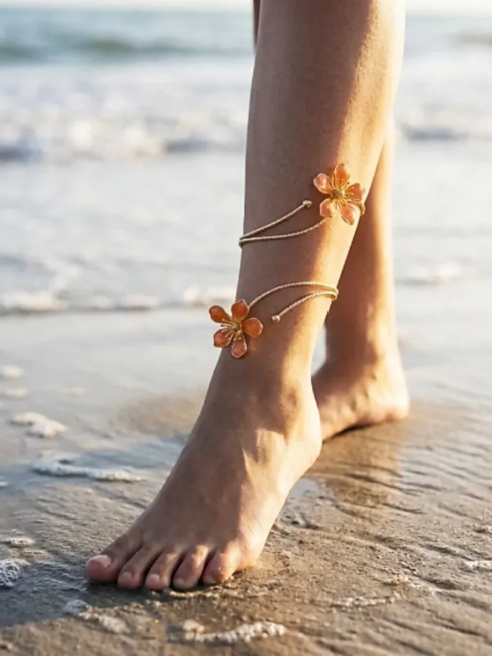 Boho Orange Enamel Flower Arm & Ankle Cuff Bracelet | Adjustable - Picture 4 of 13